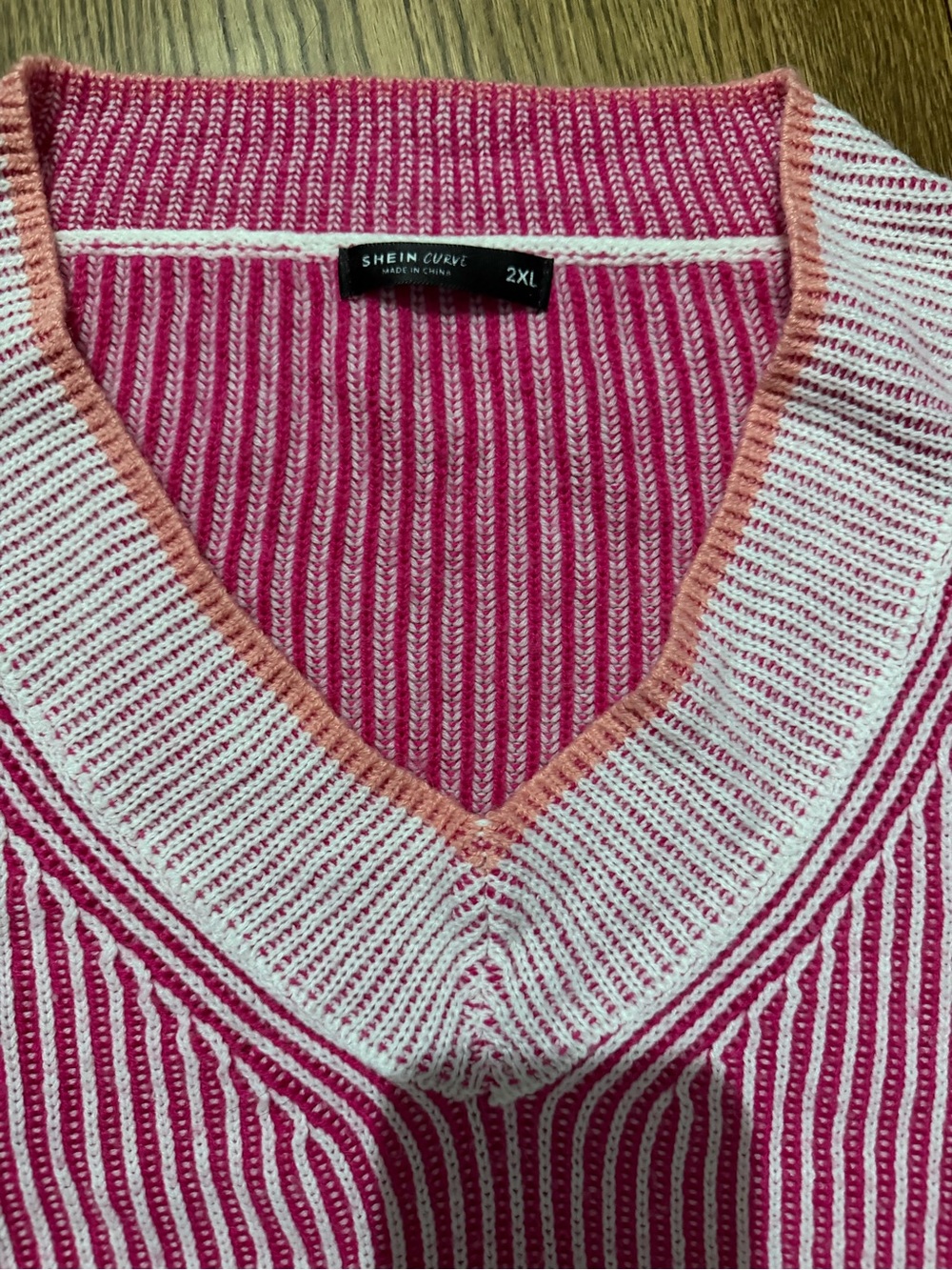 SHEIN Hot Pink Striped V-Neck Drop Shoulder Sweater - Picture 3 of 6